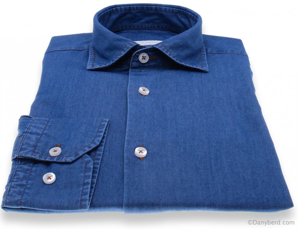 Chemise Jean : Bleue - Slim-cut - Col français (Shirts)