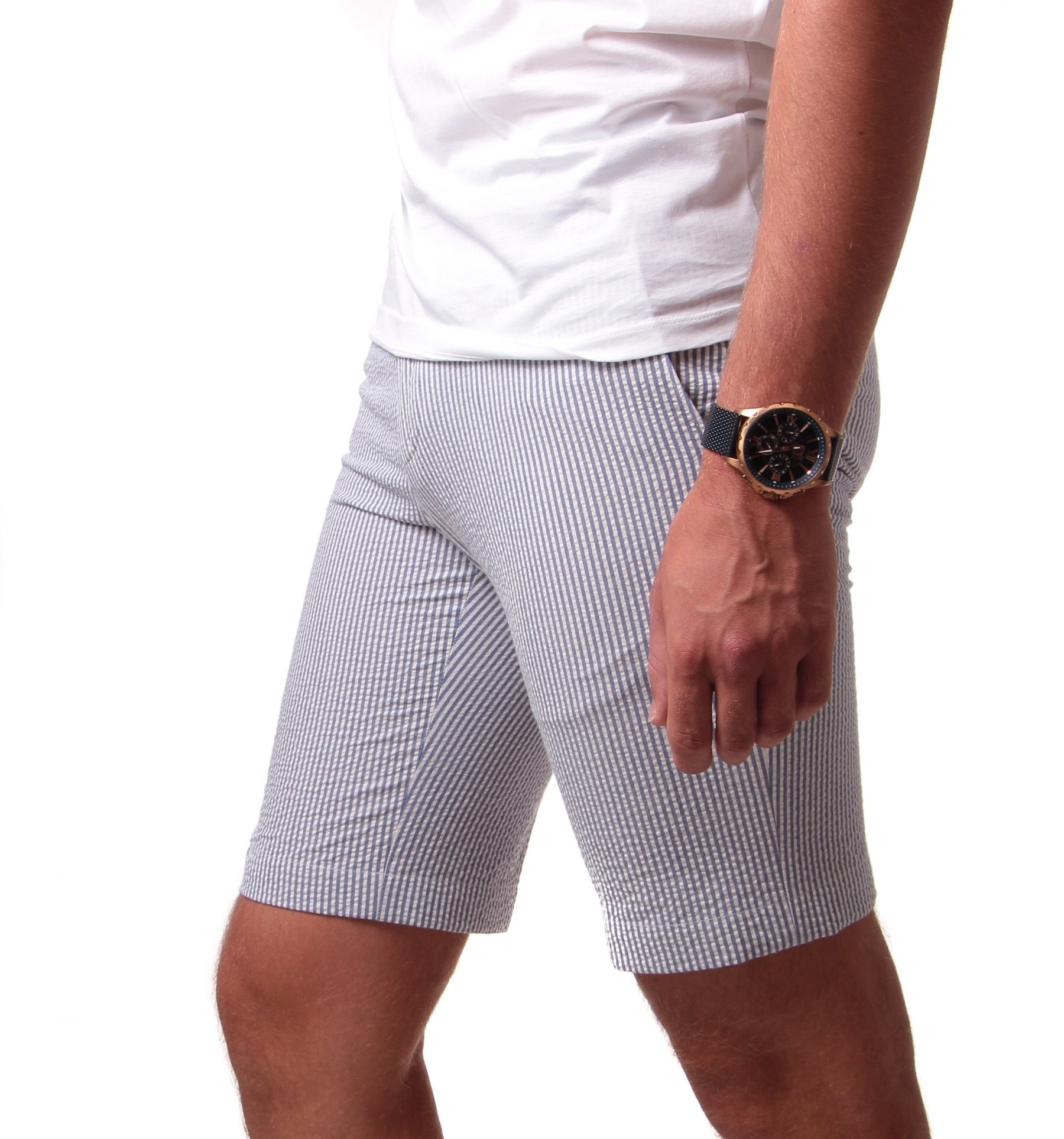 Bermuda Seersucker : bleu à rayures blanches - coton-stretch - made in Italy 