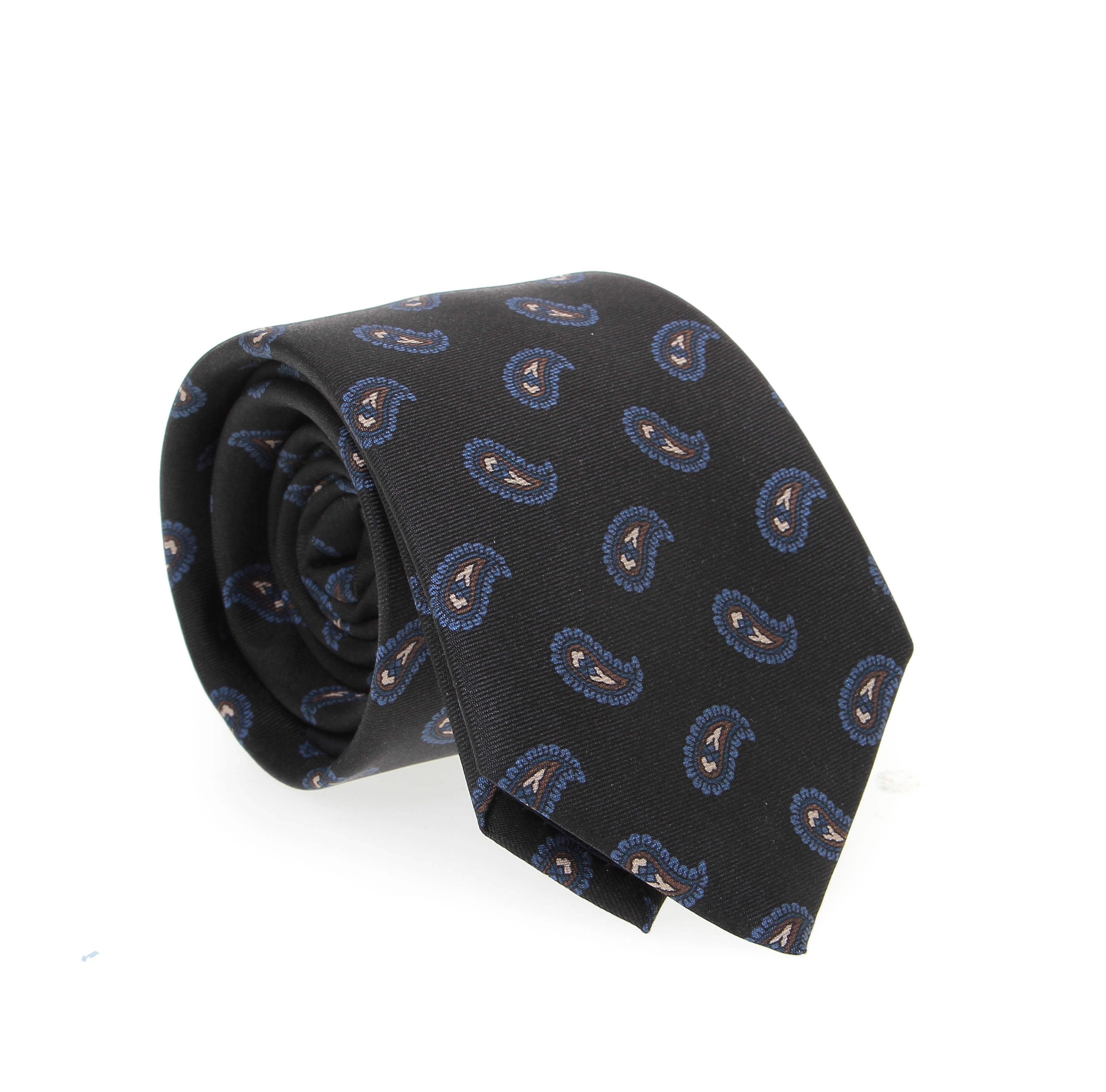 Cravate en soie : Base noire à motifs bleus