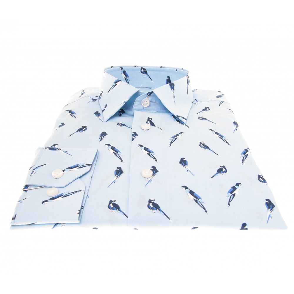 Chemise Summer : Ciel - Motif perroquet bleu - Petit col français (chemise)