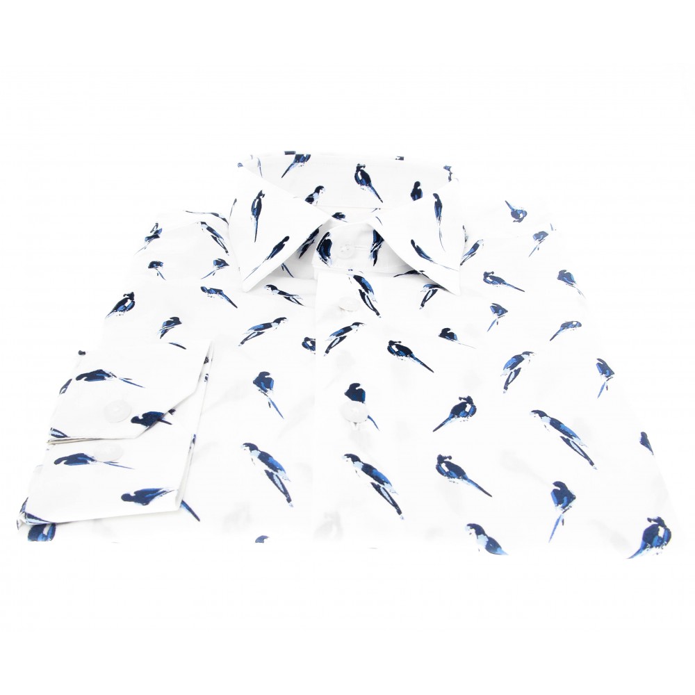 Chemise Summer : Blanc - Motif perroquet bleu - Petit col français (chemise)