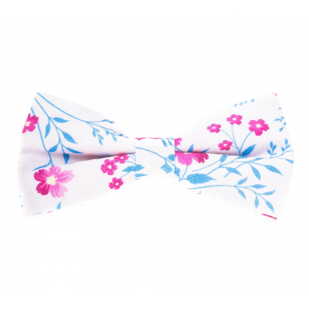Nœud Papillon : Blanc - Motif fleurs rose et bleu