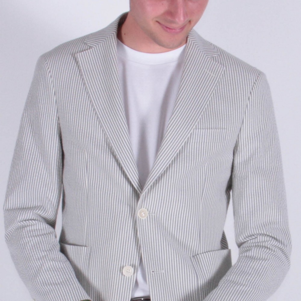 Costume Seersucker rayé gris et blanc Veste Napolitaine 